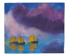 Meer (mit violetten Wolken) und drei gelben Seglern, St. Peter 1946 Aquarell © Nolde Stiftung Seebüll